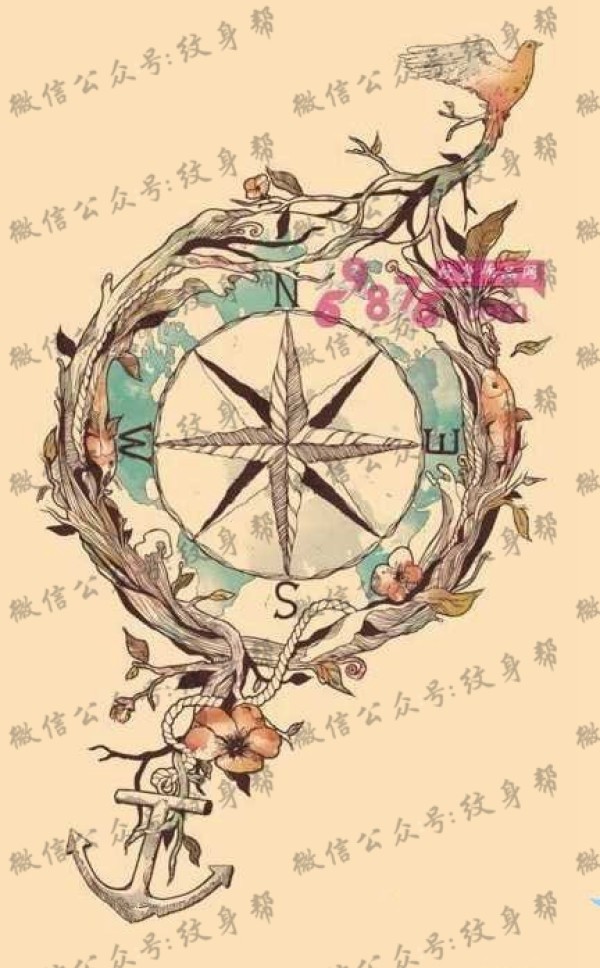 彩色指南针纹身图片