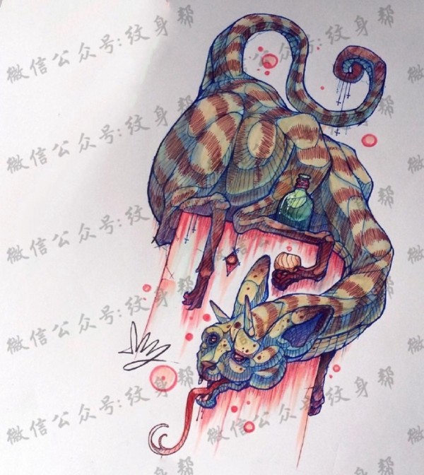 奇幻动物插画手稿_一组18张彩色创意奇幻动物插画纹身手稿图案