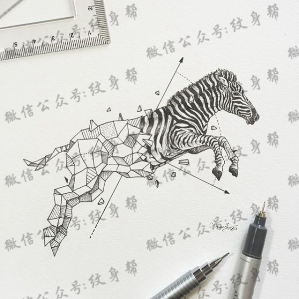 斑马几何点刺线条纹身图片手稿