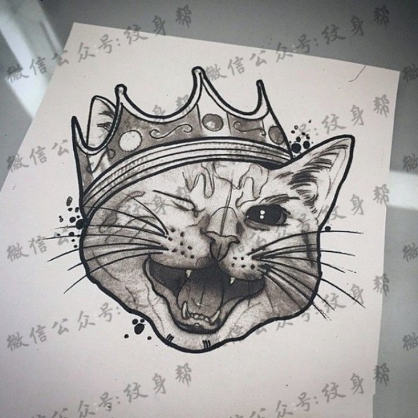 欧美猫皇冠纹身图片手稿