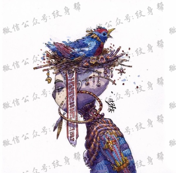 水彩插画手稿_一组23张精美水彩插画纹身手稿素材图案