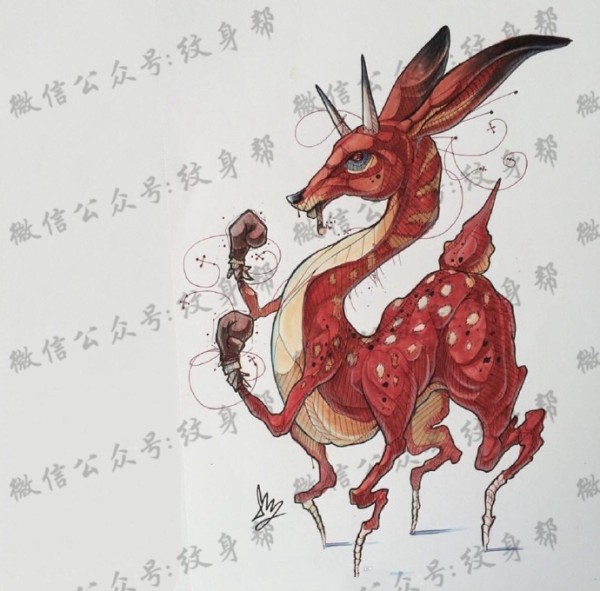 奇幻动物插画手稿_一组18张彩色创意奇幻动物插画纹身手稿图案