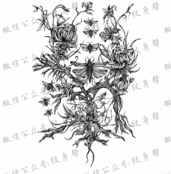 黑白色插画_一组9张黑白色好看的插画纹身手稿图案图片