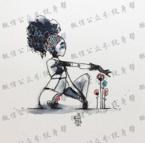 水彩插画手稿_一组23张精美水彩插画纹身手稿素材图案