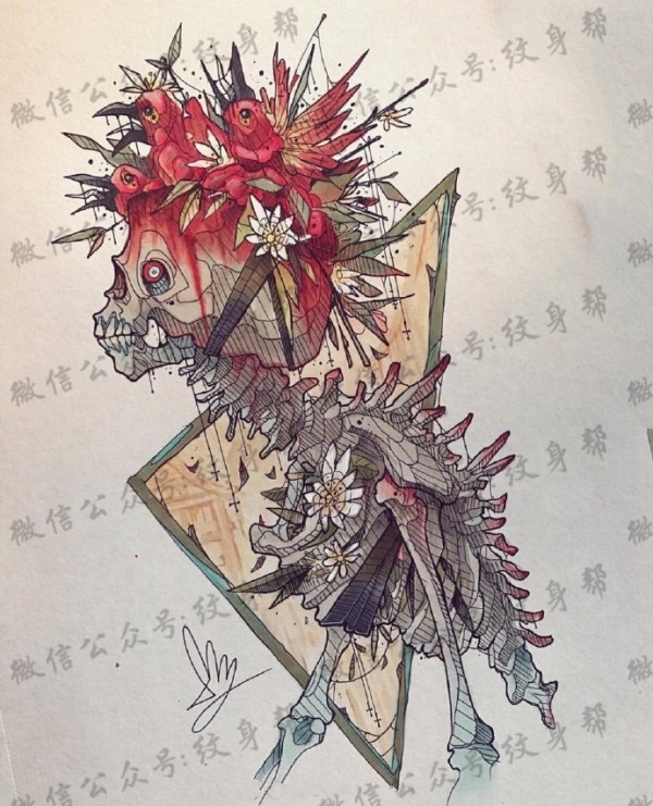 奇幻动物插画手稿_一组18张彩色创意奇幻动物插画纹身手稿图案