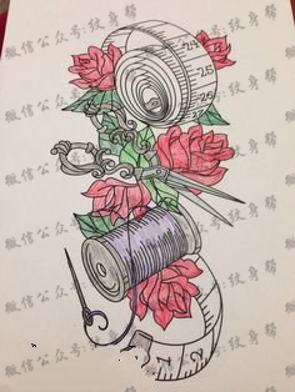 手稿花卉皮尺纹身图片