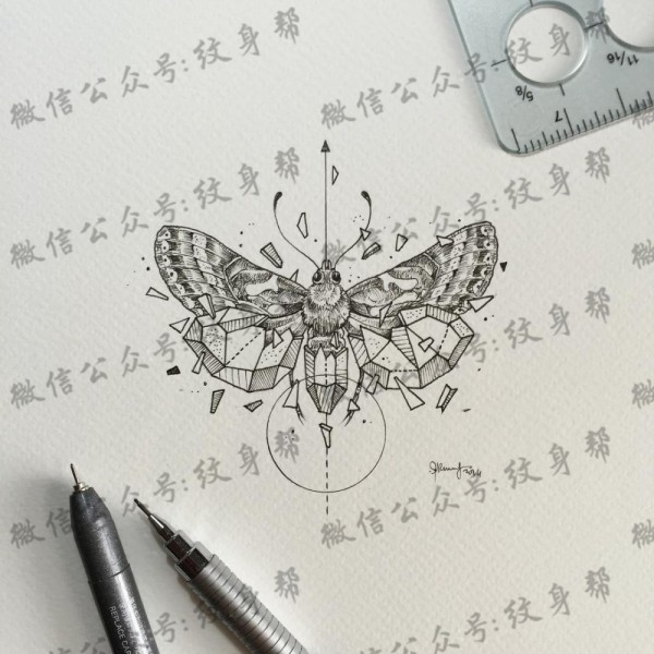 飞蛾点刺几何线条纹身图片手稿