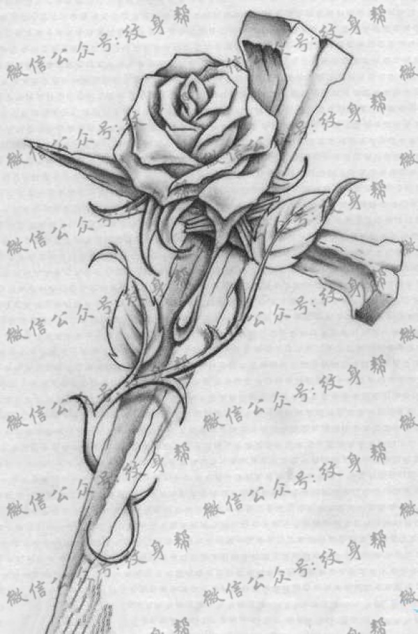 手稿十字架玫瑰花纹身图片