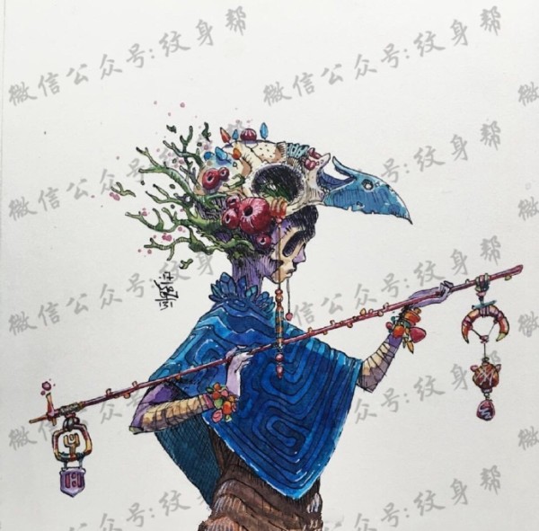 水彩插画手稿_一组23张精美水彩插画纹身手稿素材图案