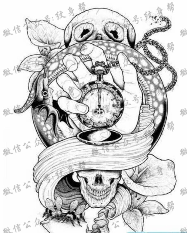 手稿骷髅看钟纹身图片