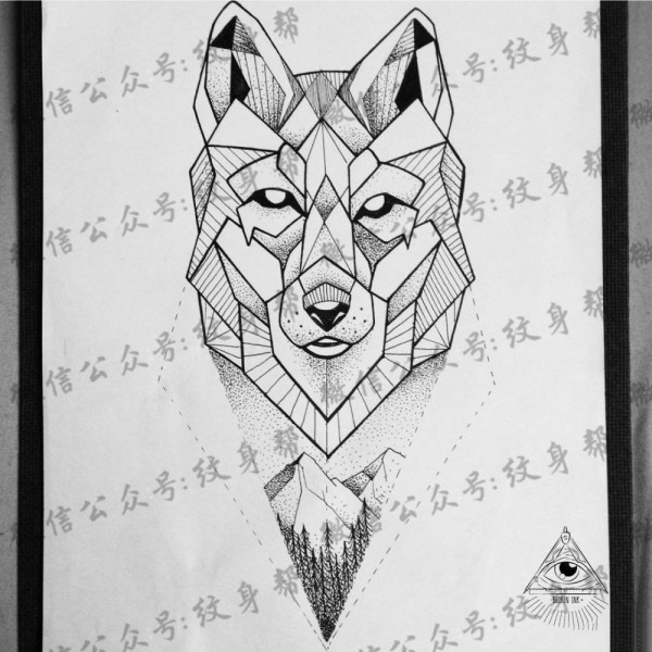 几何点刺线条狐狸纹身图片手稿