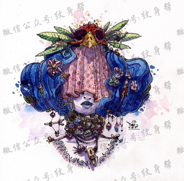 水彩插画手稿_一组23张精美水彩插画纹身手稿素材图案