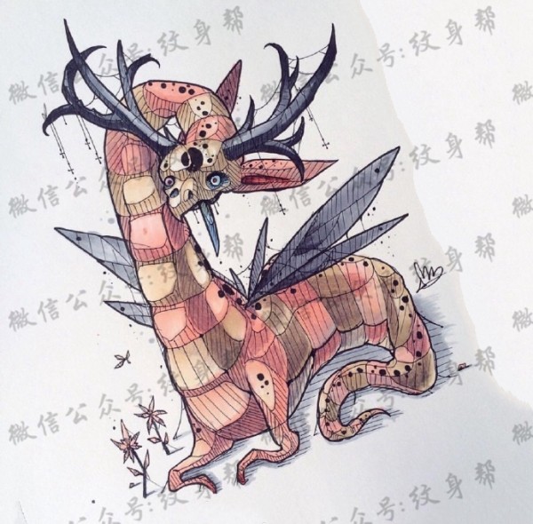 奇幻动物插画手稿_一组18张彩色创意奇幻动物插画纹身手稿图案