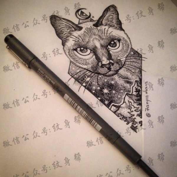 欧美点刺猫纹身图片手稿