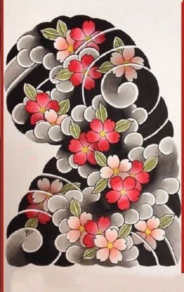 老传统半甲的樱花牡丹等花卉半胛纹身手稿