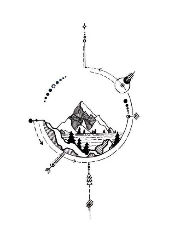 42组几何图形中的创意山水风景纹身手稿图案