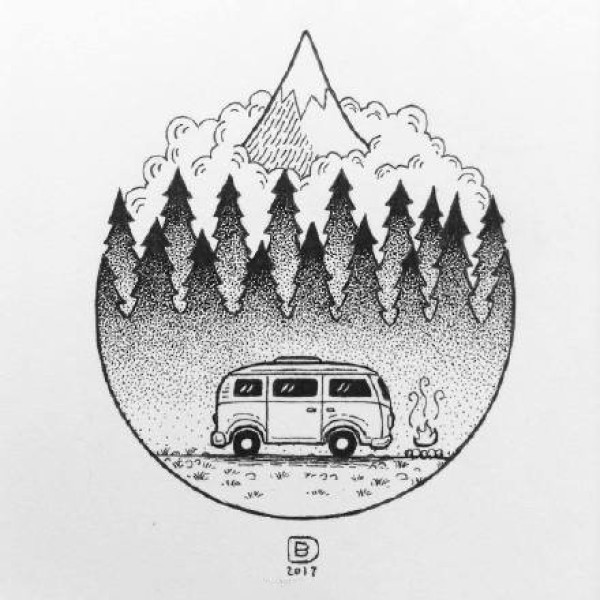 42款小圆形里的点刺山水风景纹身手稿图案