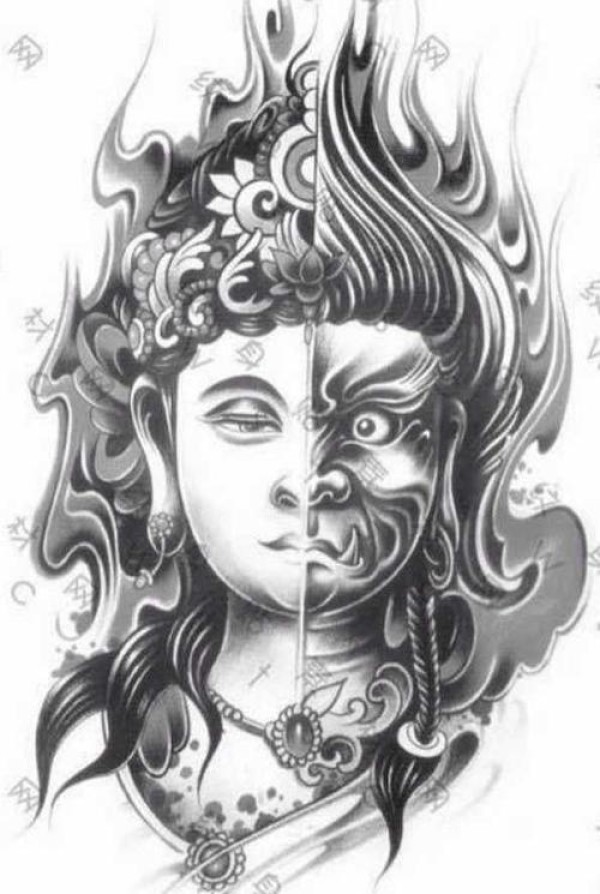 佛魔善恶纹身 11款一念成佛,一念成魔的半佛像半恶魔纹身手稿