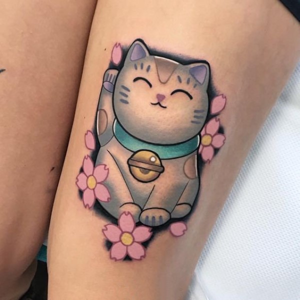 9张萌翻天的樱花季招财猫纹身图片