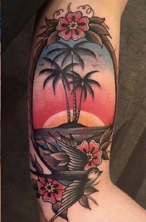 海边椰树沙滩风景纹身图片
