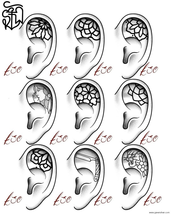 资源特别少的耳朵内的微型纹身手稿图案集
