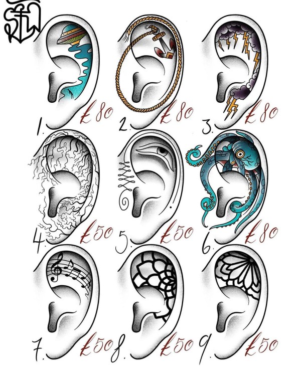 资源特别少的耳朵内的微型纹身手稿图案集