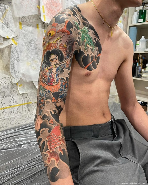 日本刺青师彫月的张顺破水门传统花臂纹身作品图案